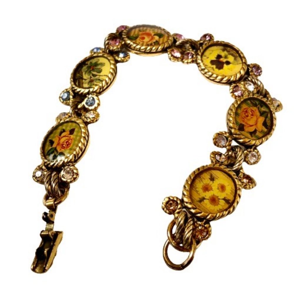 Maximal Art Collector Bracelet John Wind Various Flowers 14K GoldPlate on Pewter